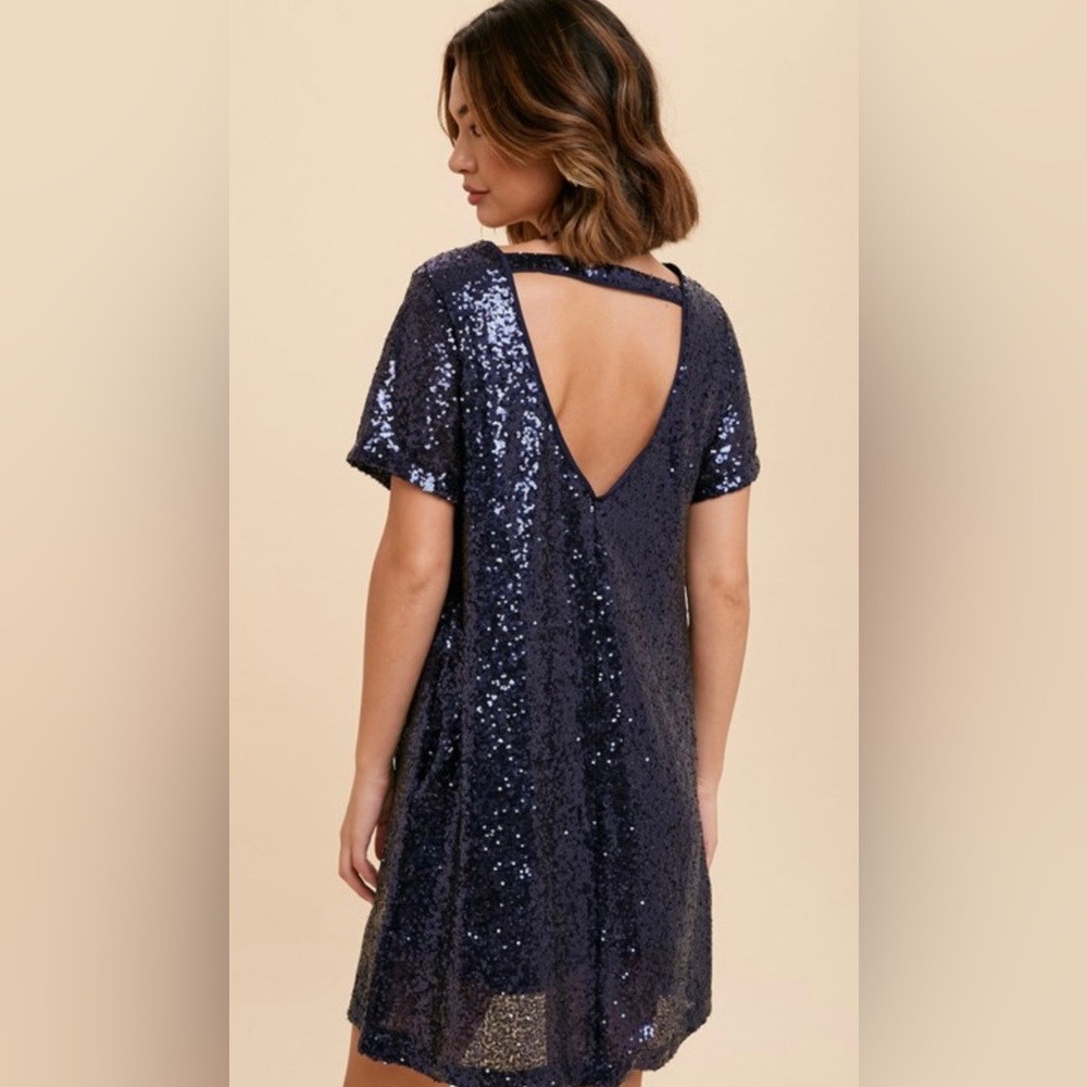 Adore Midnight Sequin Low Back Side Pocket Mini Dress